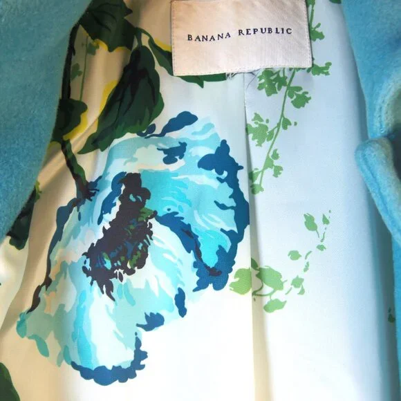 Vintage Banana Republic Full Length Wool Coat Lt Blue w/Floral Lining Epaulets - Picture 6 of 11